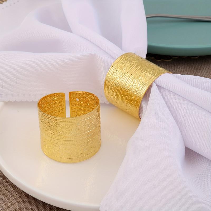 2pcs Golden Napkin Rings Floral Pattern Cast Iron Polished Metal Christmas Decor
