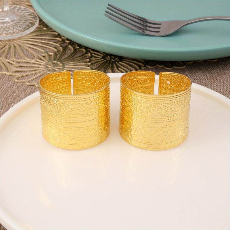 2pcs Golden Napkin Rings Floral Pattern Cast Iron Polished Metal Christmas Decor