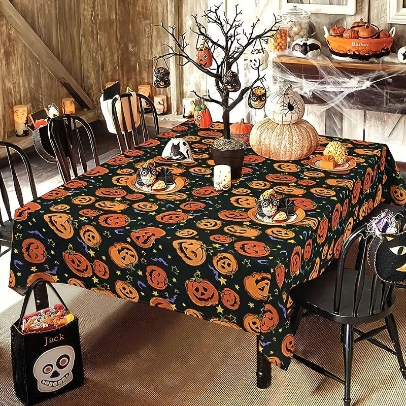 Polyester Halloween Tablecloth Pumpkin Bat Orange Scary Themed