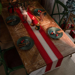 Red Striped Table Runner Double-sided Christmas Holiday Tassel Decor