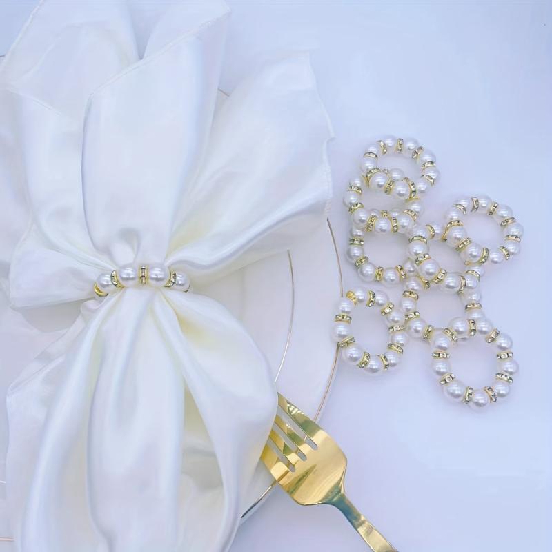 12pcs Pearl Rhinestones Napkin Rings Cast Iron Polished Metal Rings