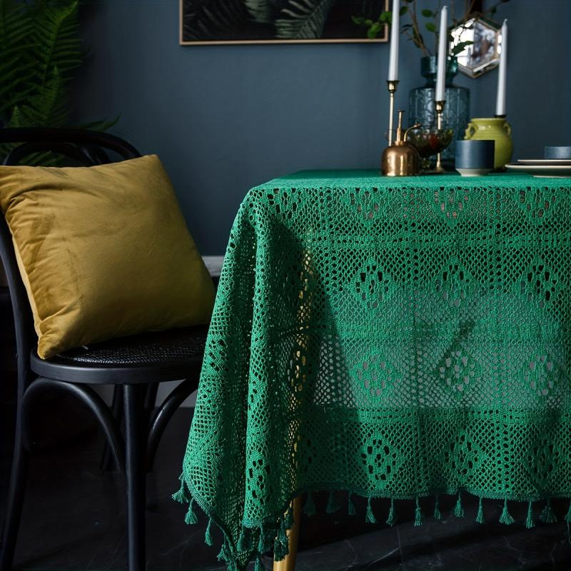 Rectangle Green Crochet Tablecloth Knitted Hollow Coffee Table Cover
