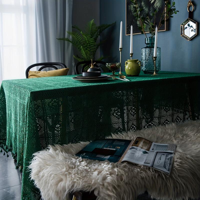 Rectangle Green Crochet Tablecloth Knitted Hollow Coffee Table Cover