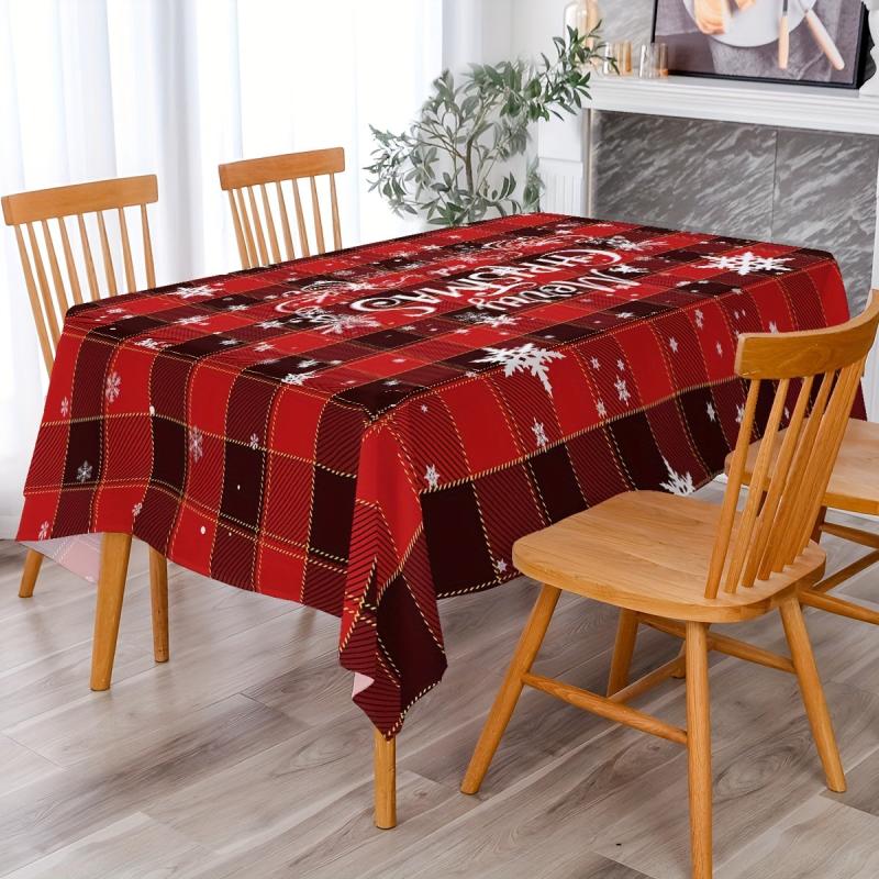Polyester Table Cloth Christmas Red Plaid Snowflake Pattern