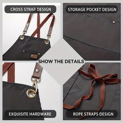Canvas Apron w/ Pockets Leather Label Adjustable Stain Resistant Halter Apron