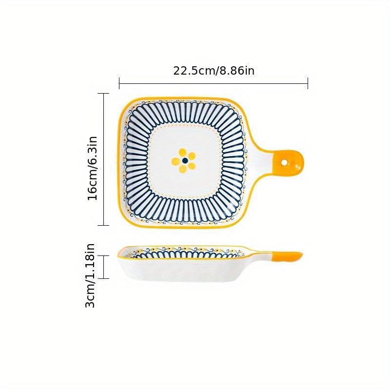 Stylish Flower Pattern Ceramic Dinner Plate with Handle