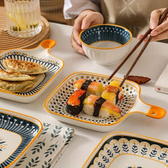 Stylish Flower Pattern Ceramic Dinner Plate with Handle