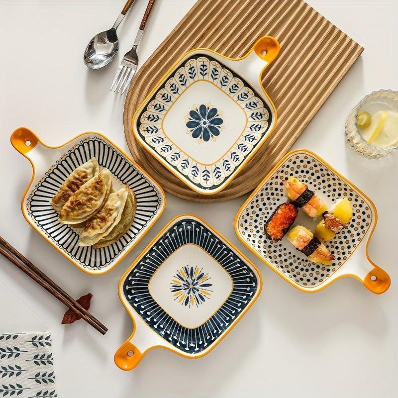 Stylish Flower Pattern Ceramic Dinner Plate with Handle