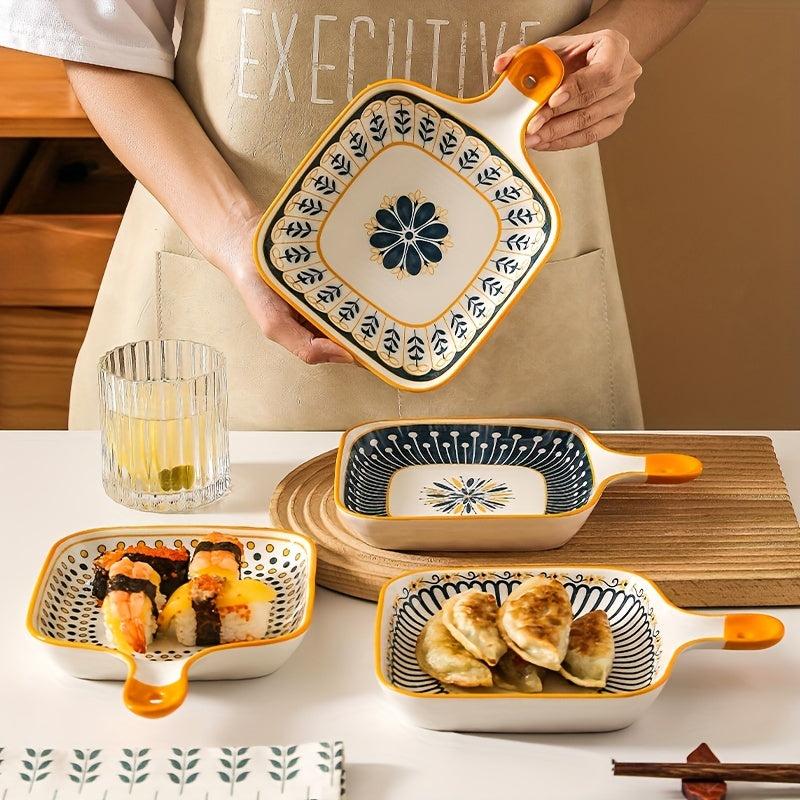 Stylish Flower Pattern Ceramic Dinner Plate with Handle