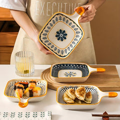 Stylish Flower Pattern Ceramic Dinner Plate with Handle