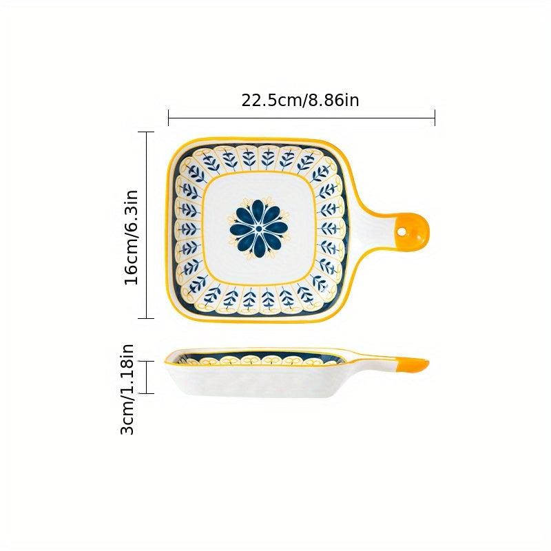 Stylish Flower Pattern Ceramic Dinner Plate with Handle