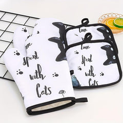 2pcs Cat Scratch Pattern Kitchen Pot Rack Mat & Oven Gloves Set