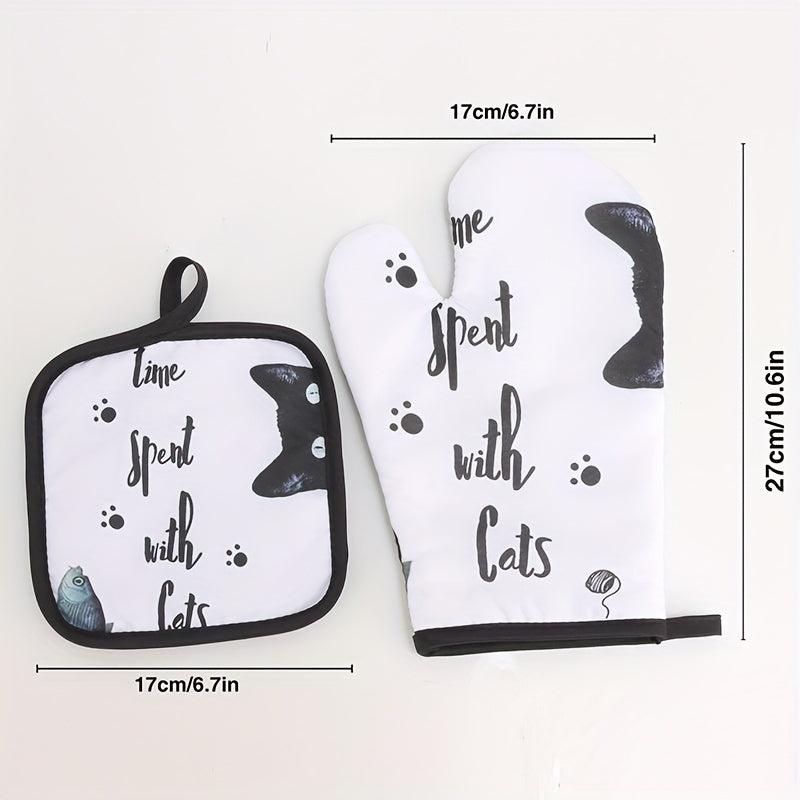 2pcs Cat Scratch Pattern Kitchen Pot Rack Mat & Oven Gloves Set