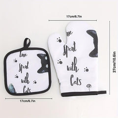 2pcs Cat Scratch Pattern Kitchen Pot Rack Mat & Oven Gloves Set