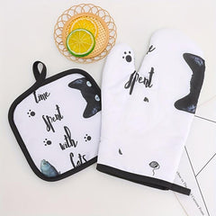 2pcs Cat Scratch Pattern Kitchen Pot Rack Mat & Oven Gloves Set