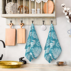 2pcs Seahorse Pattern Hand Towels Set Soft Absorbent Decorative Kitchen Dish Tow