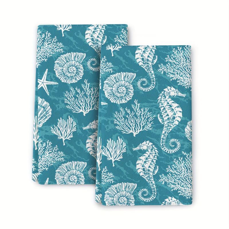 2pcs Seahorse Pattern Hand Towels Set Soft Absorbent Decorative Kitchen Dish Tow