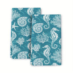 2pcs Seahorse Pattern Hand Towels Set Soft Absorbent Decorative Kitchen Dish Tow