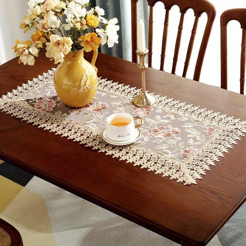 Polyester Embroidered Pink Table Mat Floral Lace Decorative Pad