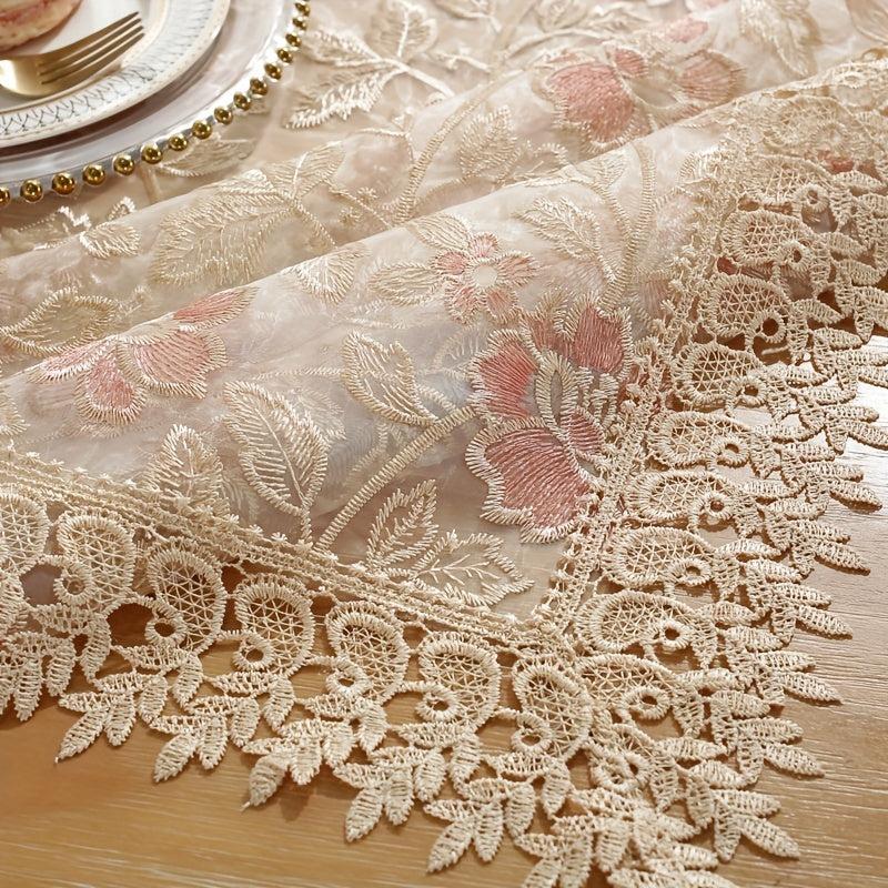 Polyester Embroidered Pink Table Mat Floral Lace Decorative Pad