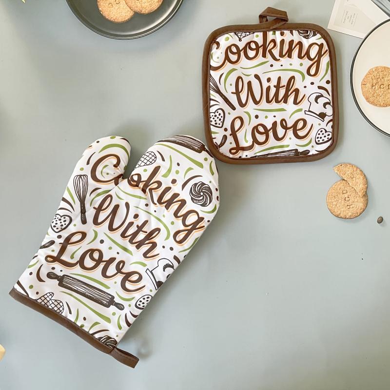 2pcs Colorful Printed Oven Mitts Heat Resistant Baking Gloves