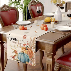 Autumn Table Runner Sweet Pumpkin Wheat Leaf Watercolor Painting Table Cover