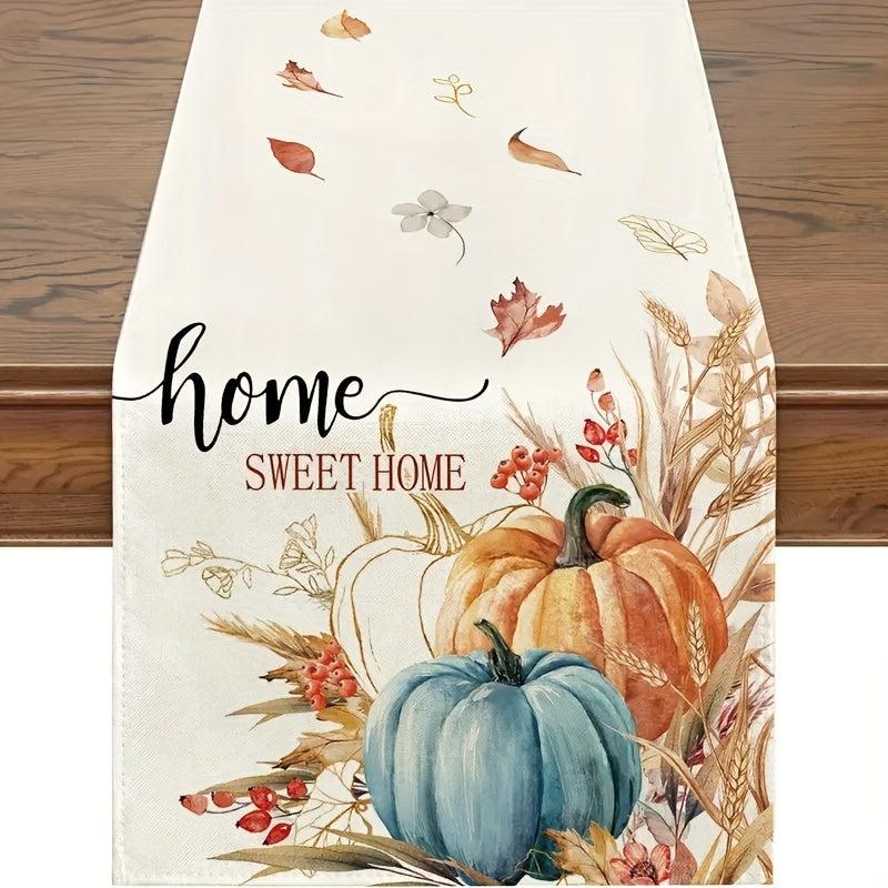 Autumn Table Runner Sweet Pumpkin Wheat Leaf Watercolor Painting Table Cover