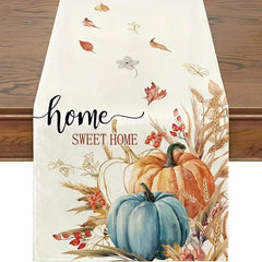 Autumn Table Runner Sweet Pumpkin Wheat Leaf Watercolor Painting Table Cover
