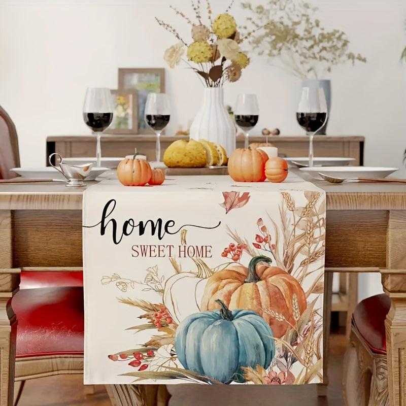 Autumn Table Runner Sweet Pumpkin Wheat Leaf Watercolor Painting Table Cover