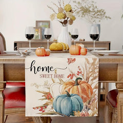 Autumn Table Runner Sweet Pumpkin Wheat Leaf Watercolor Painting Table Cover