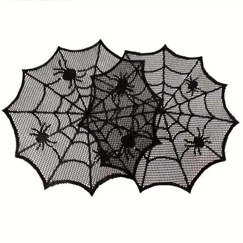 4pcs Halloween Round Placemats Lace Spider Web Dark Table Decoration