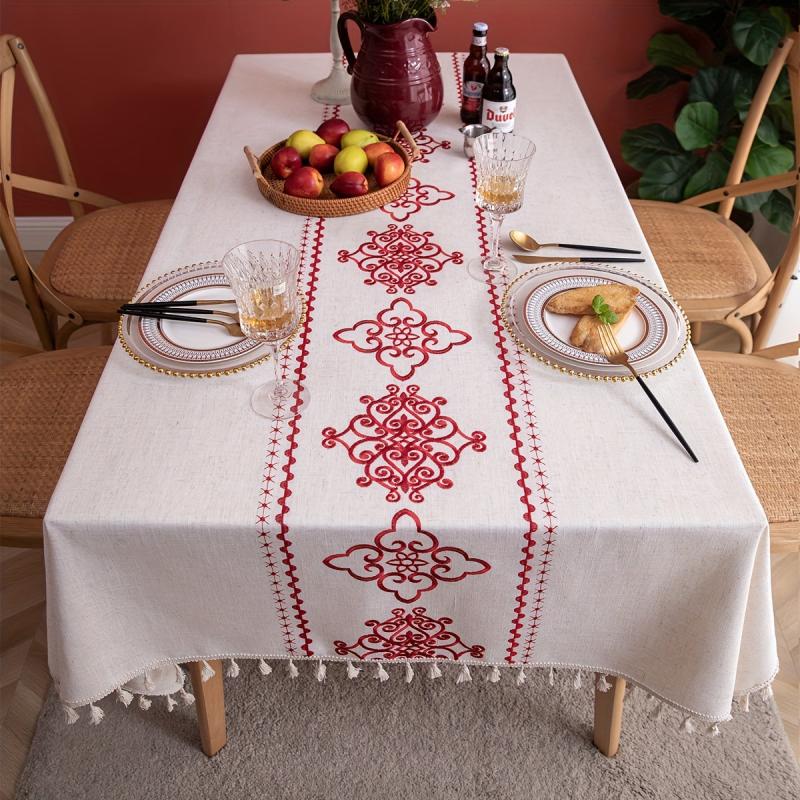 Chinese Knot Embroidered Tablecloth Viscose Table Cover Tassel Runner