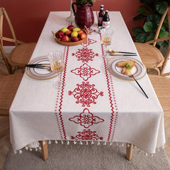 Chinese Knot Embroidered Tablecloth Viscose Table Cover Tassel Runner