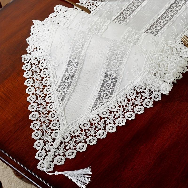 Rectangle Polyester Table Runner Lace Fringe Delicate Mesh Embroidery