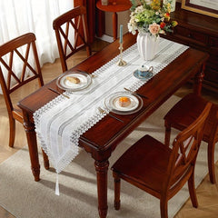 Rectangle Polyester Table Runner Lace Fringe Delicate Mesh Embroidery