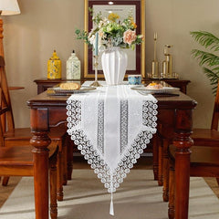 Rectangle Polyester Table Runner Lace Fringe Delicate Mesh Embroidery