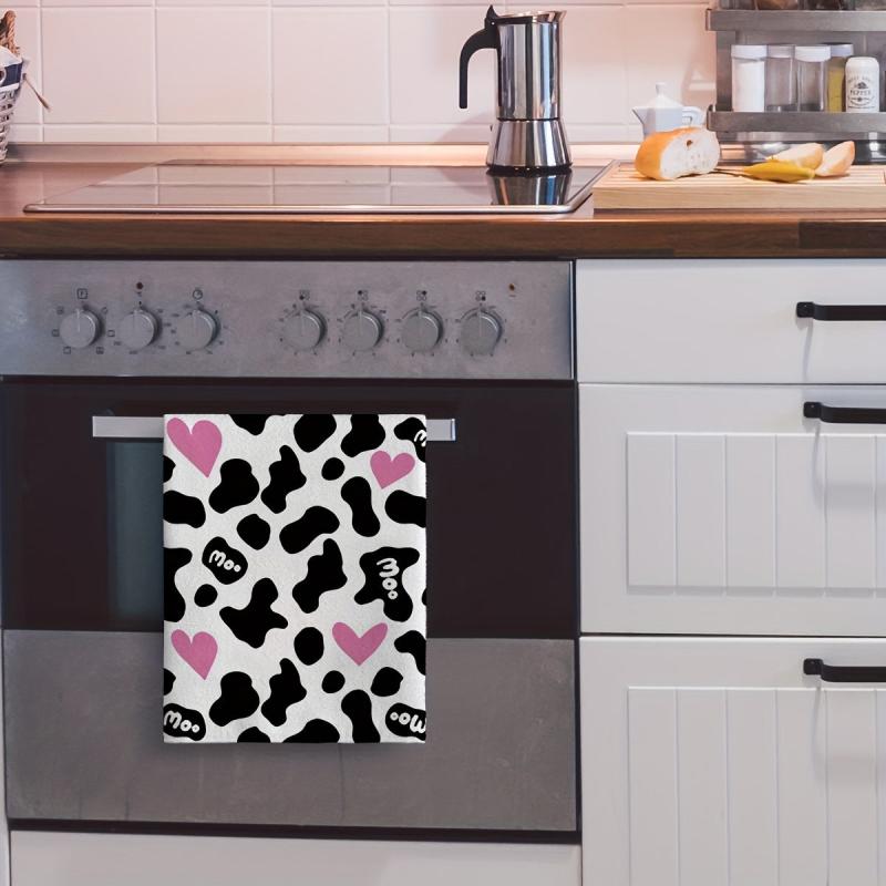 2pcs Cow Print Heart Kitchen Hand Towel Dish Cloths Soft Absorbent Cleaning
