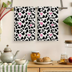 2pcs Cow Print Heart Kitchen Hand Towel Dish Cloths Soft Absorbent Cleaning