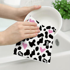 2pcs Cow Print Heart Kitchen Hand Towel Dish Cloths Soft Absorbent Cleaning