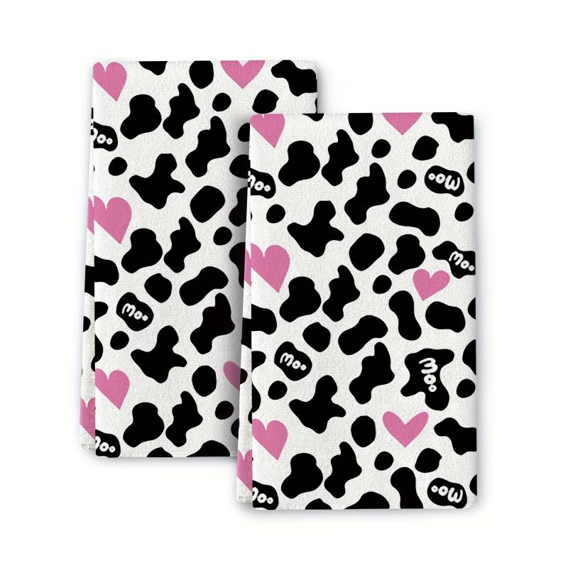 2pcs Cow Print Heart Kitchen Hand Towel Dish Cloths Soft Absorbent Cleaning