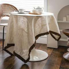 Polyester Linen Solid Khaki Tassel Tablecloth - Rustic Rectangle Table Cloth