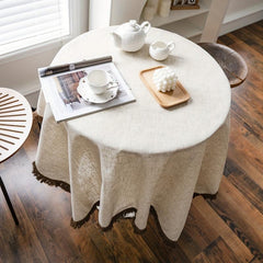 Polyester Linen Solid Khaki Tassel Tablecloth - Rustic Rectangle Table Cloth