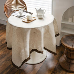 Polyester Linen Solid Khaki Tassel Tablecloth - Rustic Rectangle Table Cloth