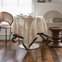 Polyester Linen Solid Khaki Tassel Tablecloth - Rustic Rectangle Table Cloth