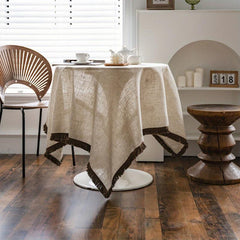 Polyester Linen Solid Khaki Tassel Tablecloth - Rustic Rectangle Table Cloth