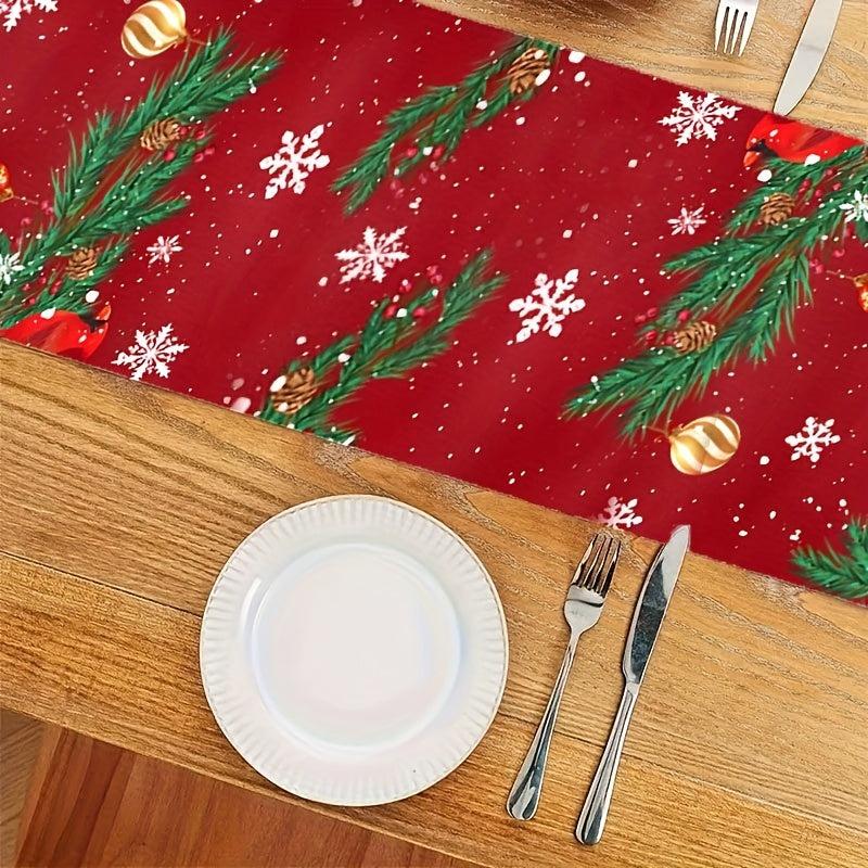 Polyester Table Runner Merry Christmas Snowman Red Plaid Printed Table Cover