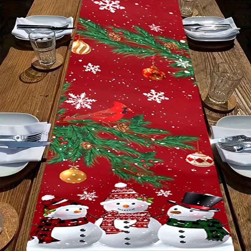 Polyester Table Runner Merry Christmas Snowman Red Plaid Printed Table Cover