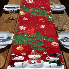 Polyester Table Runner Merry Christmas Snowman Red Plaid Printed Table Cover