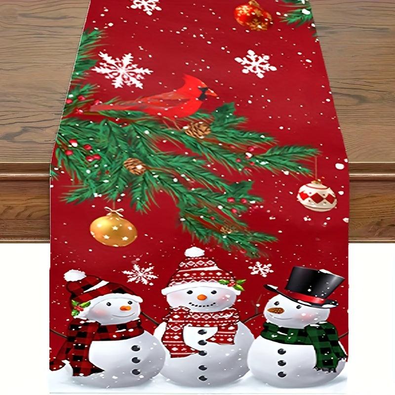 Polyester Table Runner Merry Christmas Snowman Red Plaid Printed Table Cover