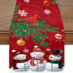 Polyester Table Runner Merry Christmas Snowman Red Plaid Printed Table Cover